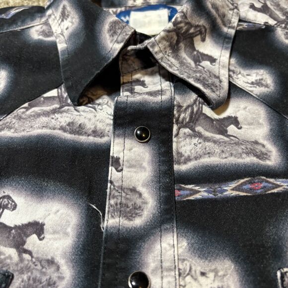 VTG Wrangler Brushpopper Western Shirt Pear Snap Horse Pattern Long Sleeve Men L - Picture 3 of 7